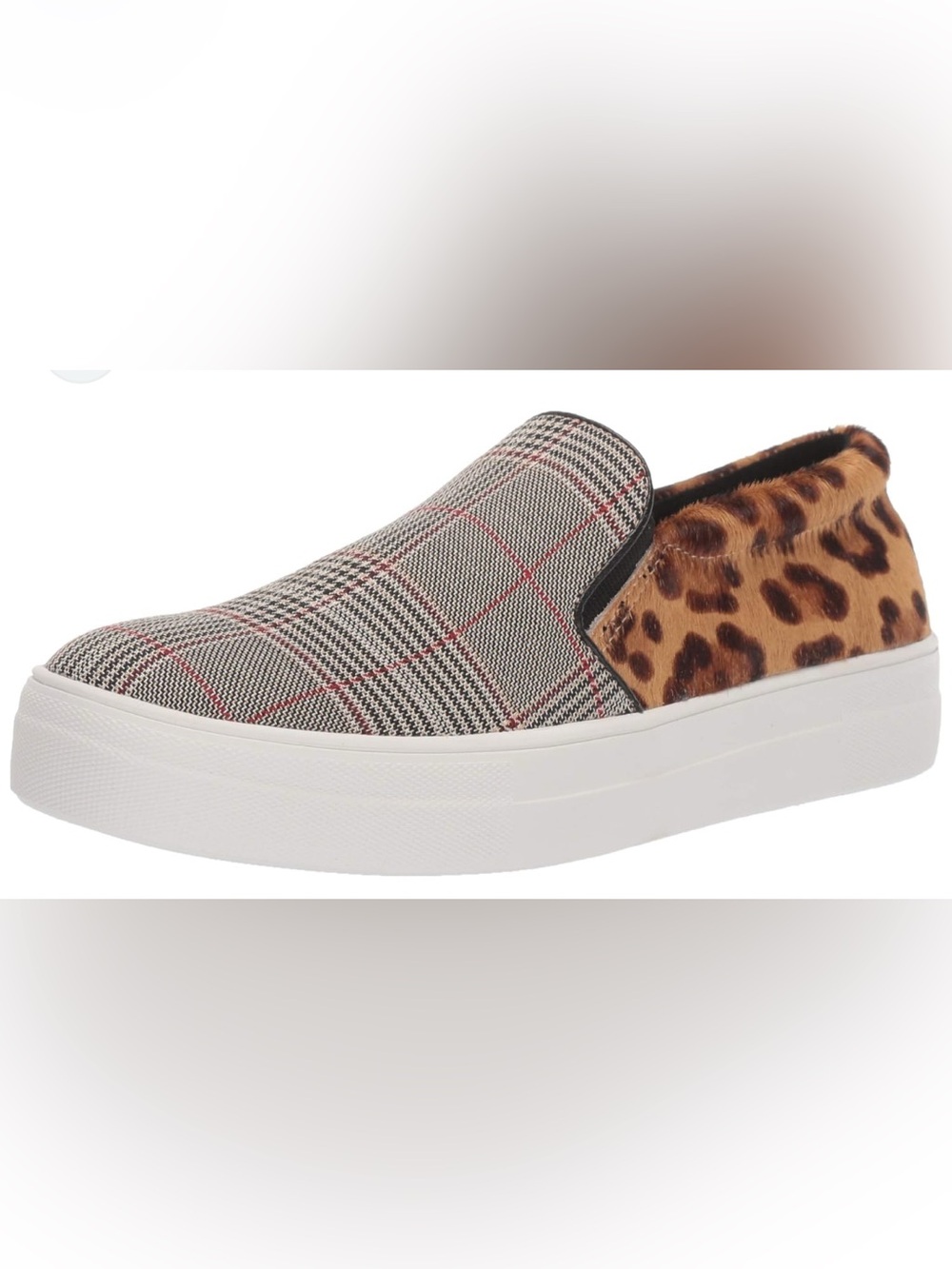 Steve Madden Gills slip-on sneakers w/ plaid toe & calf hair heel, size 8